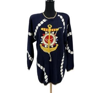 Vintage Chaus Navy Nautical Fisherman Sweater Beaded Embroidered Anchor Rope Med